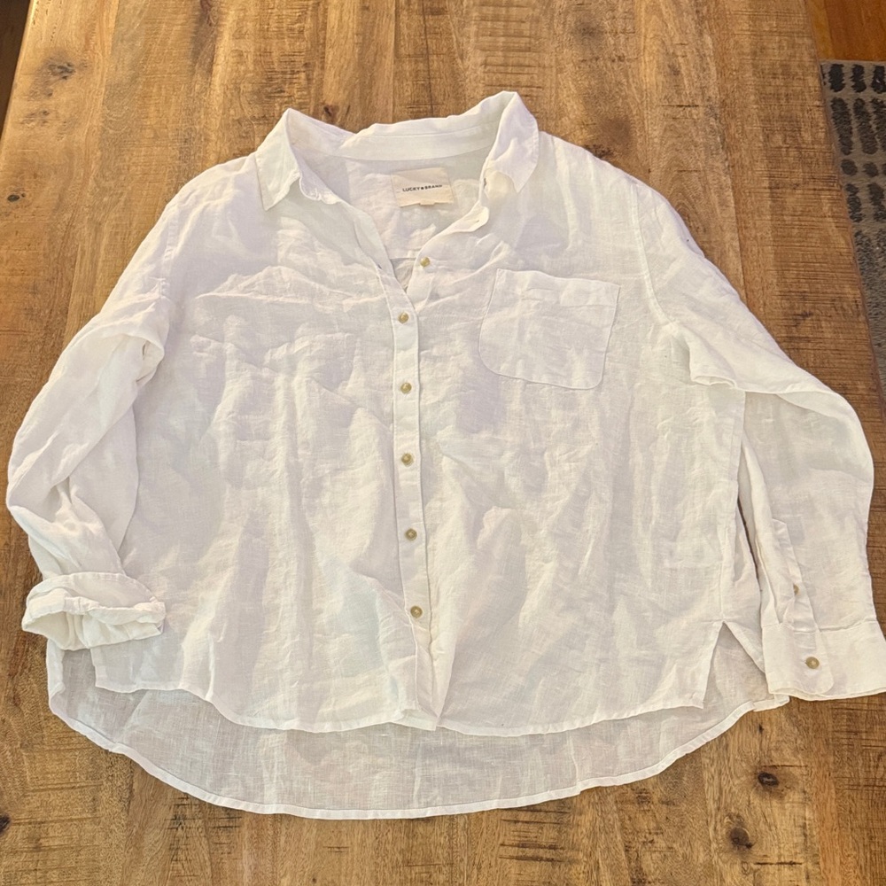 Lucky Brand WOMENS white 100% linen casual button up down blouse shirt top NWT
